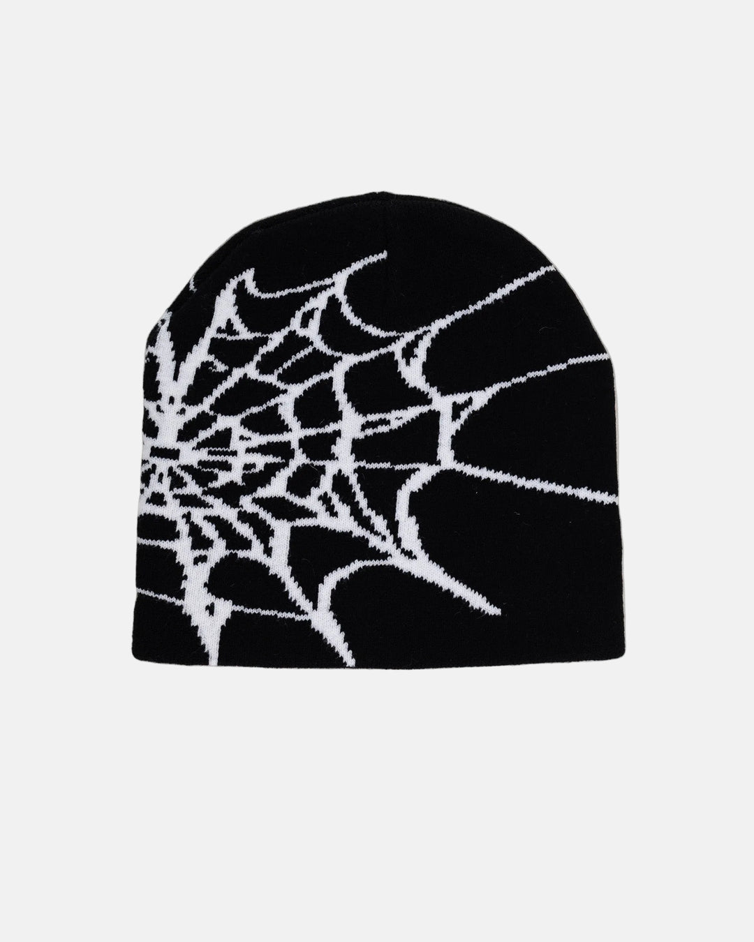 Rynor Web Knit Beanie – black and white spider web pattern knit beanie, worn by a model