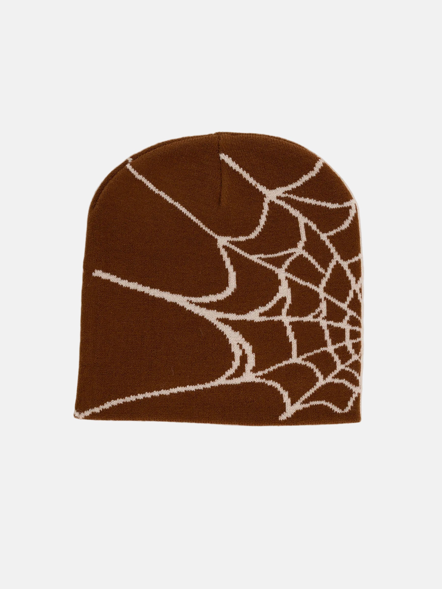 Rynor Web Knit Beanie – brown and beige spider web pattern knit beanie, product photo on white background