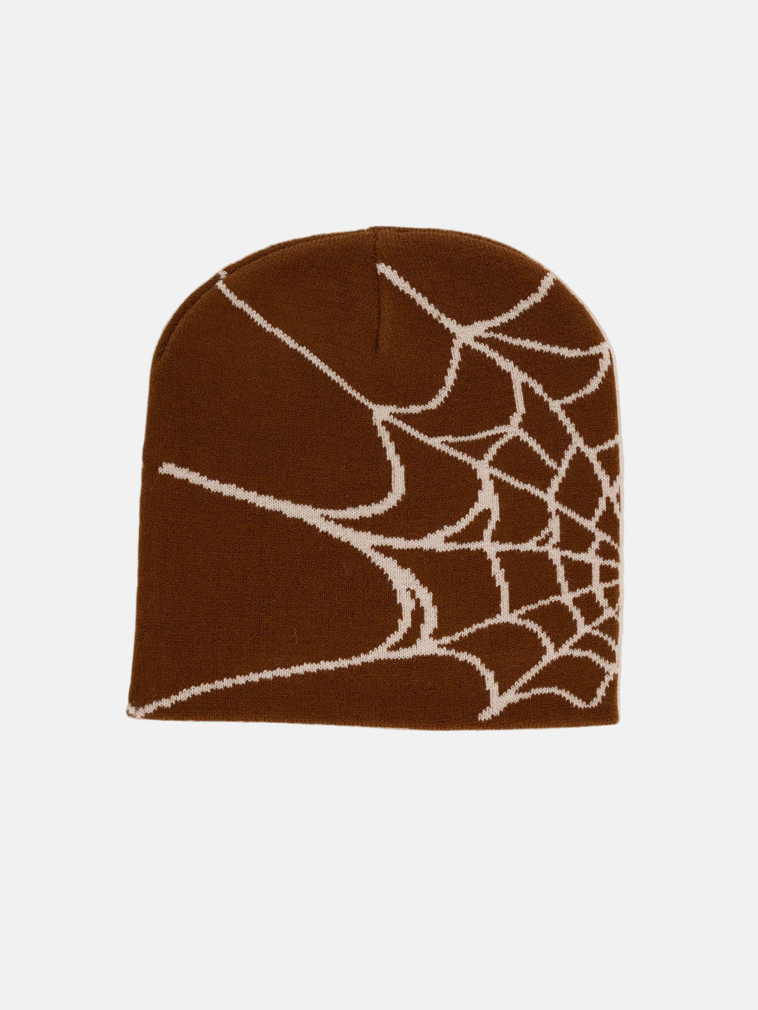 Rynor Web Knit Beanie – brown and beige spider web pattern knit beanie, product photo on white background