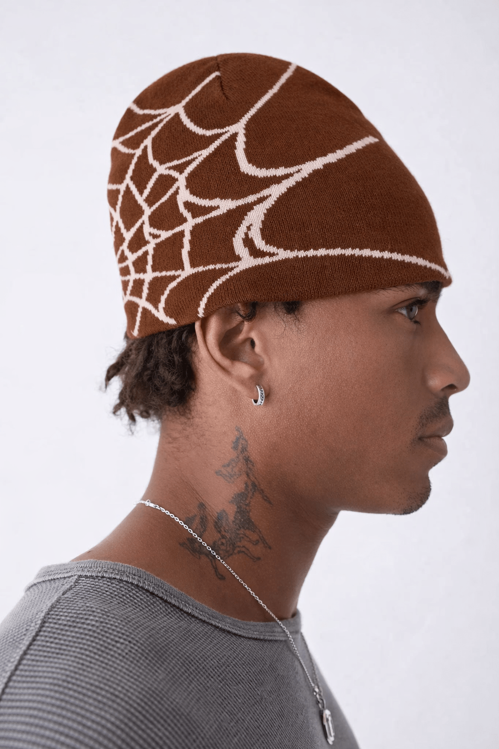 Rynor Web Knit Beanie – brown and beige spider web pattern knit beanie, additional view