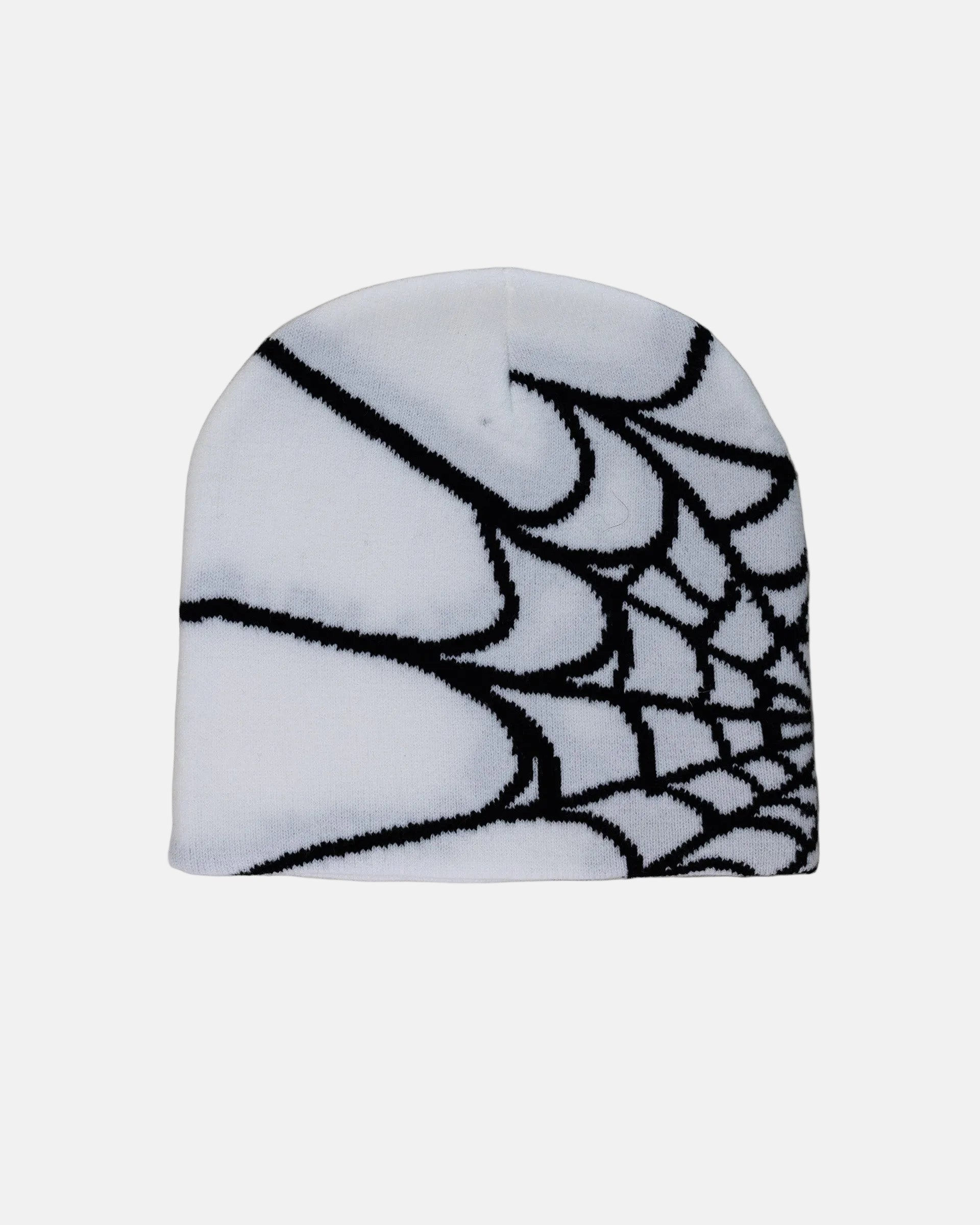 Rynor Web Knit Beanie – white and black spider web pattern knit beanie, product photo on white background